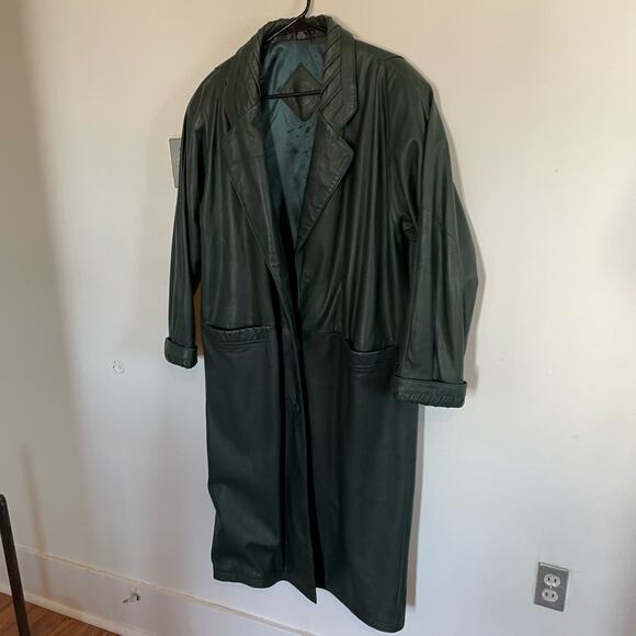 VTG Green 100% Leather Trench Coat Jacqueline Ferrar Forest Green SZ LARGE EUC - Picture 3 of 12